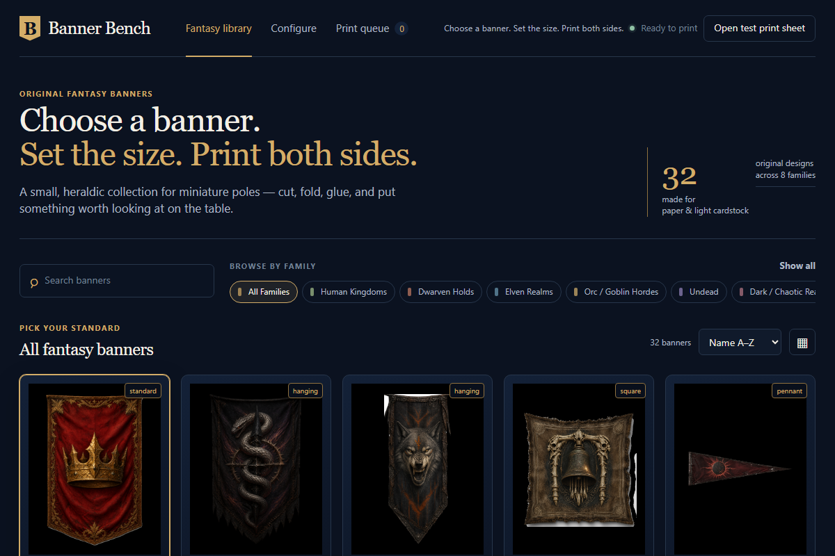 Banner Bench showing miniature banners ready to choose and print.