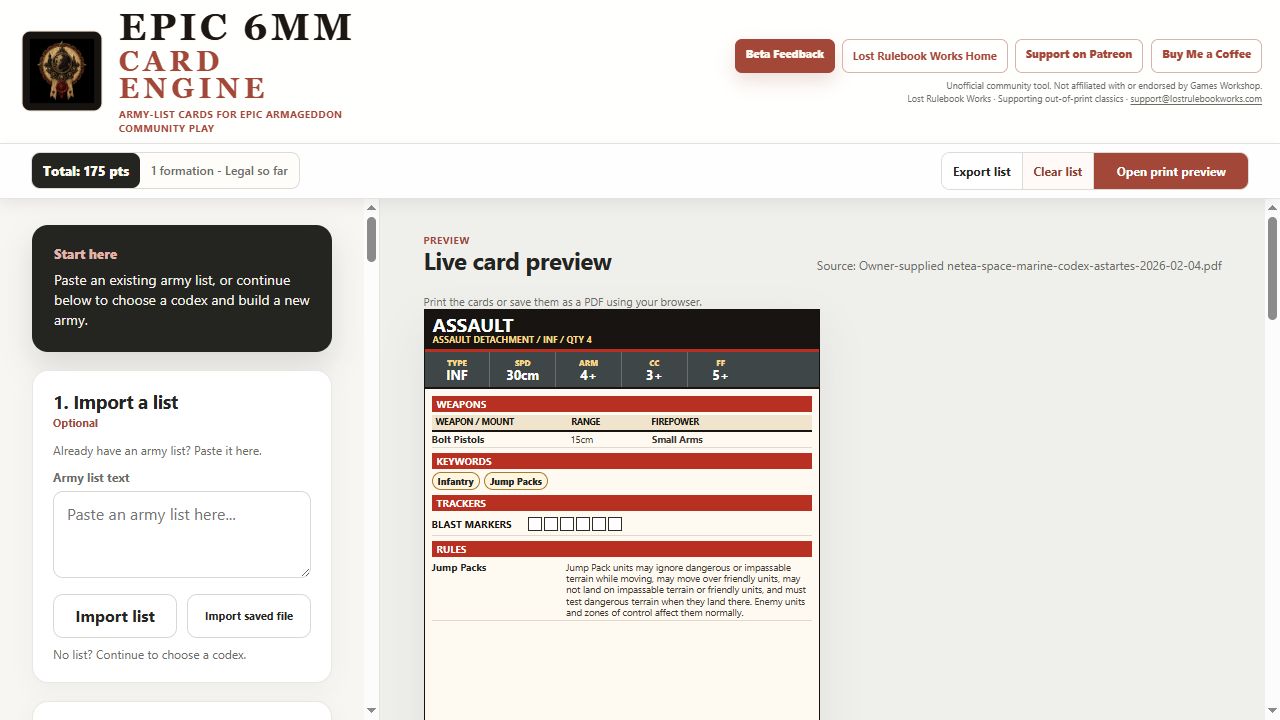 Epic 6mm Card Engine showing its live card-preview workspace.