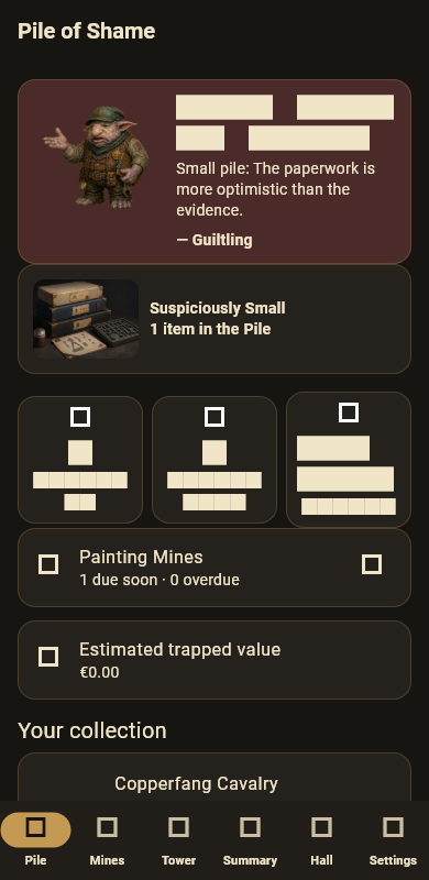 Shamevault Miniatures app showing a populated hobby project screen