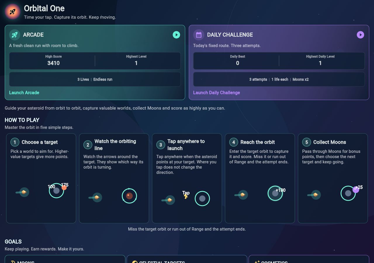 Orbital One gameplay preview showing orbital paths and moving objects